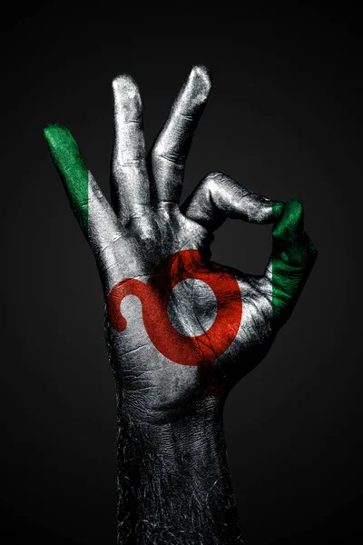 Une main avec un drapeau Ingouchie dessiné montre un panneau ok sur un fond sombre . — Photo