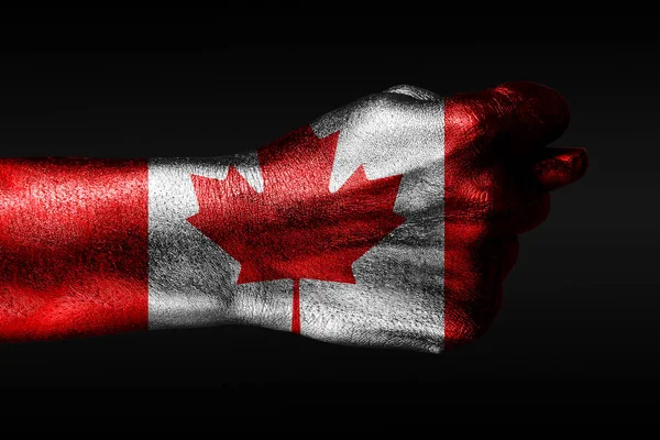 Boyalı Kanada bayrağı ile bir el bir incir gösterir, saldırganlık, anlaşmazlık, karanlık bir arka plan üzerinde bir anlaşmazlık işareti. — Stok fotoğraf