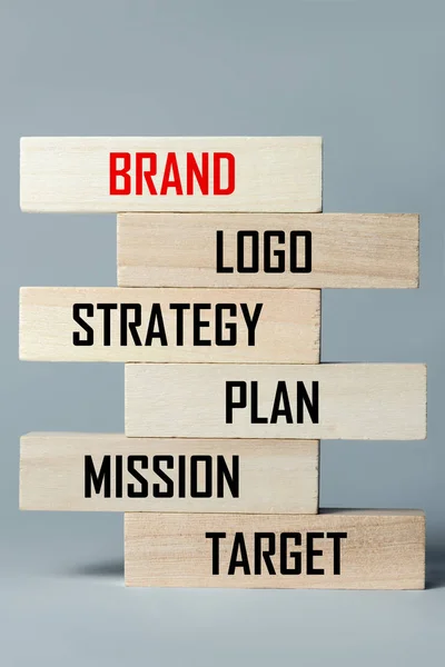 A list of wooden blocks lying on top of each other with a list of components of a successful business and brand in English. Vertical frame