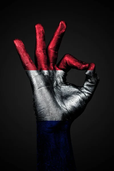 Ręka z malowaną flagą Francji pokazuje znak OK na ciemnym tle. — Zdjęcie stockowe