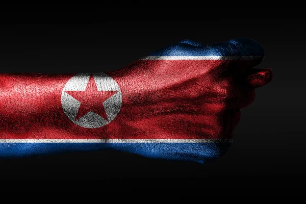 Una mano con una bandiera dipinta della Corea del Nord mostra un fico, un segno di aggressione, disaccordo, una disputa su uno sfondo scuro . — Foto Stock