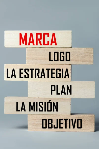 A list of wooden blocks lying on top of each other with a list of components of a successful business and brand in Spanish. Vertical frame