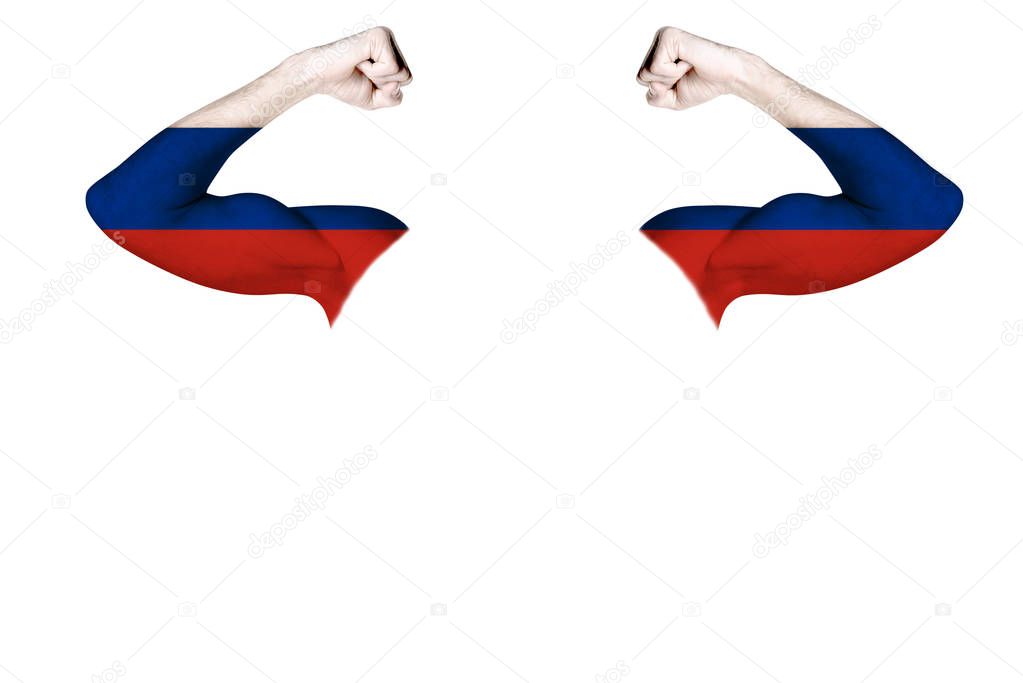 Two carved hands with a painted Russia flag show muscles as a sign of strength, strength and readiness to fight, on a white background