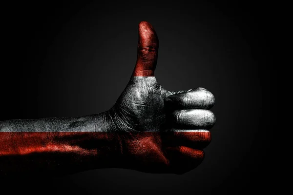 Een hand met een getekende Oostenrijk vlag toont een vinger omhoog teken, een symbool van succes, gereedheid, een taak gedaan op een donkere achtergrond. — Stockfoto