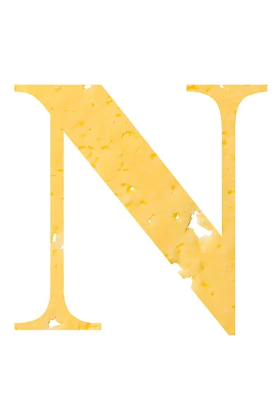 Το γράμμα "ν" του τυριού με τρύπες σε ένα λευκό απομονωμένο φόντο, το σύμβολο της σωστής διατροφής και του αλφαβήτου. — Φωτογραφία Αρχείου
