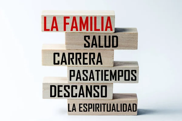 Список деревянных блоков, лежащих друг на друге со списком сфер человеческой жизни на испанском языке. Горизонтальная рамка — стоковое фото