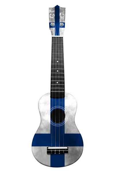 Hawajska gitara Narodowa, ukulele, z malowaną flagą Finlandii, na białym białym tle, jako symbol sztuki ludowej lub narodowej piosenki. — Zdjęcie stockowe