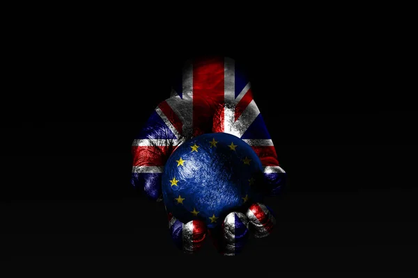 A hand with a drawn Great Britain flag holds a ball with a drawn EU flag, a sign of influence, pressure or conservation and protection. — Stock Photo, Image