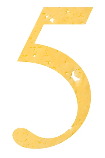 La figura "5" di formaggio con buchi su fondo bianco isolato, simbolo di corretta alimentazione ed educazione . — Foto Stock
