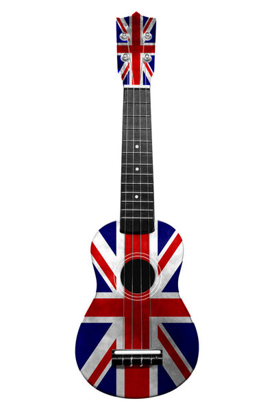 Hawaiian national guitar, ukulele, with a painted Great Britain flag, on a white isolated background, as a symbol of folk art or a national song.