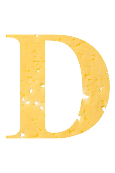 La lettre "D" du fromage avec des trous sur un fond blanc isolé, le symbole d'une bonne nutrition et l'alphabet . — Photo