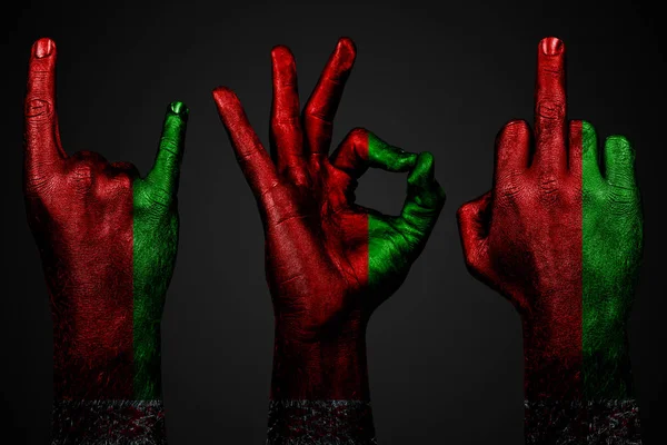 Egy sor három kéz egy festett zászló Fehéroroszország show középső ujj, kecske-és Oké, a jele az agresszió, a tiltakozás és jóváhagyás sötét háttér. — Stock Fotó