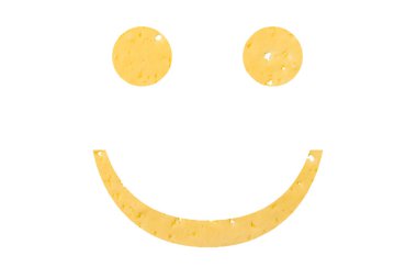 Beyaz izole arka plan üzerinde sağlıklı beslenme bir işareti olarak, peynir kesilmiş gülümseme sembolü