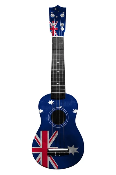 Hawaiianische Nationalgitarre, Ukulele, mit einer bemalten australischen Flagge, auf weißem, isoliertem Hintergrund, als Symbol der Volkskunst oder als Nationallied. — Stockfoto