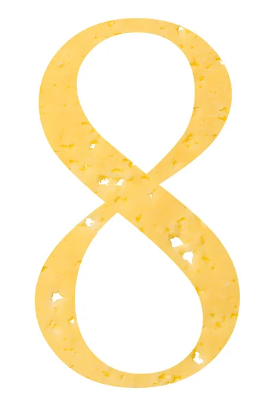 白い孤立した背景に穴が開いているチーズの図「8」、適切な栄養と教育の象徴. — ストック写真