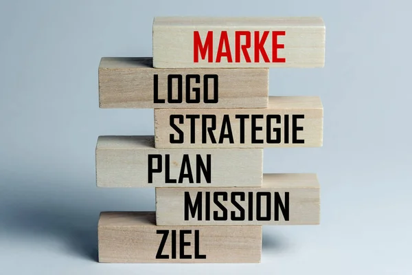 A list of wooden blocks lying on top of each other with a list of components of a successful business and brand in German. Horizontal frame