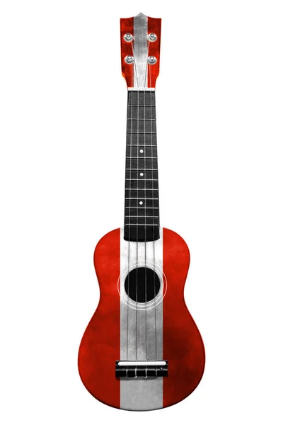 Hawaiianische Nationalgitarre, Ukulele, mit bemalter Österreich-Flagge, auf weißem Hintergrund, als Symbol der Volkskunst oder als Nationallied. — Stockfoto