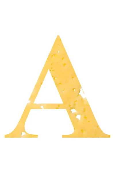 De letter "A" van kaas met gaten op een witte geïsoleerde achtergrond, het symbool van de juiste voeding en het alfabet. — Stockfoto