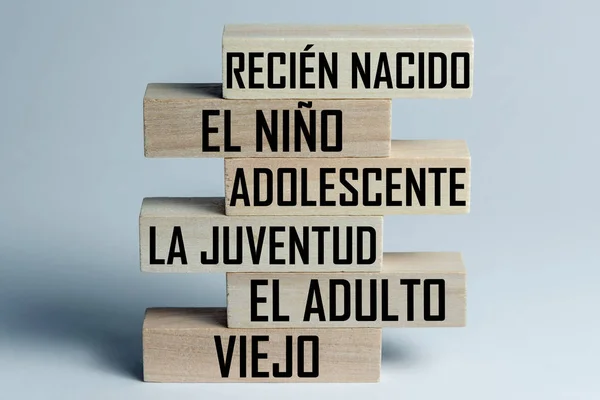 A list of wooden blocks lying on top of each other with a list of the stages of growing up a person in Spanish. Horizontal frame