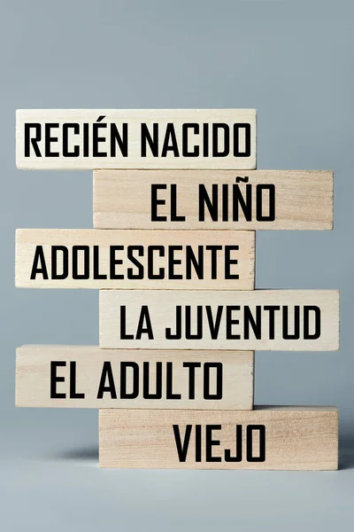 A list of wooden blocks lying on top of each other with a list of the stages of growing up a person in Spanish. Vertical frame