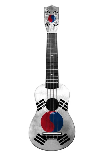 Hawaiianische Nationalgitarre, Ukulele, mit bemalter südkoreanischer Flagge, auf weißem, isoliertem Hintergrund, als Symbol der Volkskunst oder als Nationallied. — Stockfoto