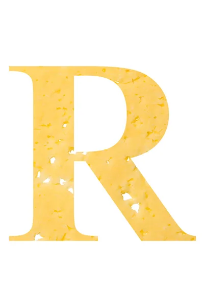 A letra "R" de queijo com buracos em um fundo isolado branco, o símbolo da nutrição adequada e o alfabeto . — Fotografia de Stock