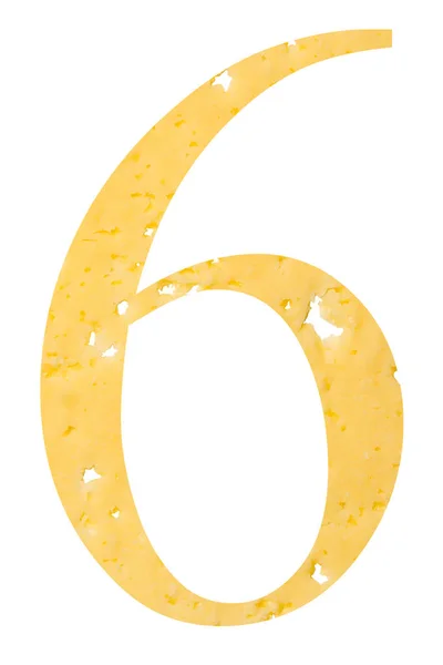 La figure "6" du fromage avec des trous sur fond blanc isolé, symbole d'une bonne nutrition et de l'éducation . — Photo