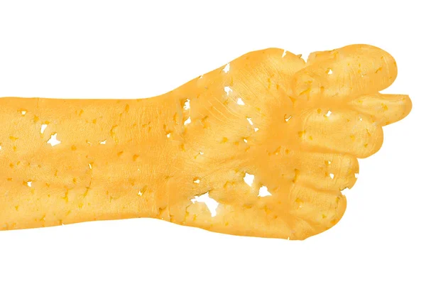 Uma mão esculpida a partir de queijo mostra escuridão, um sinal de agressão, desacordo, uma disputa sobre um fundo branco . — Fotografia de Stock