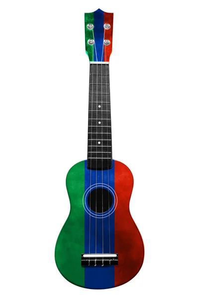 Hawajska gitara Narodowa, ukulele, z pomalowaną flagą Dagestan, na białym białym tle, jako symbol sztuki ludowej lub narodowej piosenki. — Zdjęcie stockowe