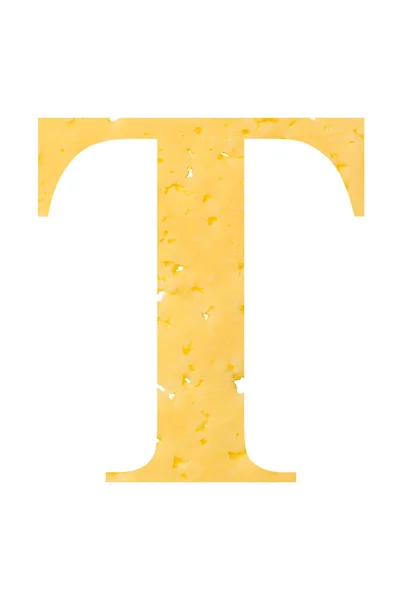 白い孤立した背景に穴を持つチーズの文字"T"、適切な栄養とアルファベットのシンボル. — ストック写真
