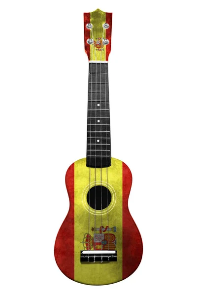 Hawaiianische Nationalgitarre, Ukulele, mit einer bemalten spanischen Flagge, auf weißem, isoliertem Hintergrund, als Symbol der Volkskunst oder als Nationallied. — Stockfoto