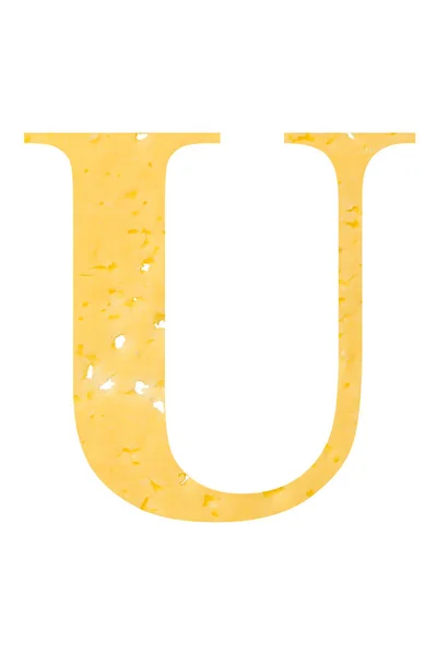 A letra "U" de queijo com buracos em um fundo isolado branco, o símbolo da nutrição adequada e o alfabeto . — Fotografia de Stock