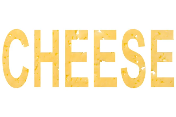 Palabra de queso cortada de queso, aislada sobre fondo blanco — Foto de Stock