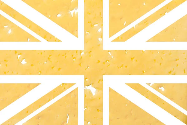 Brit zászló vágott ki sajtot, mint a szimbólum, a behozatali vagy kiviteli sajt fehér elszigetelt háttér — Stock Fotó