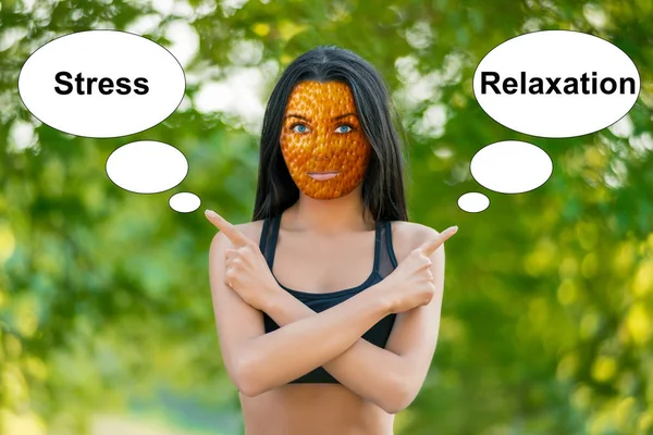 Young girl with orange peel skin, bad skin sign, shows the words "stress" and "relaxation" — 스톡 사진