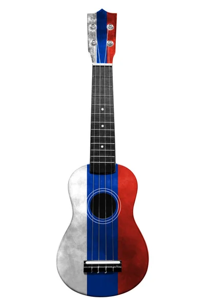 Χαβάη εθνική κιθάρα, γιουκαλίλι, με μια βαμμένη Ρωσία σημαία, σε ένα λευκό απομονωμένο φόντο, ως σύμβολο της λαϊκής τέχνης ή ένα εθνικό τραγούδι. — Φωτογραφία Αρχείου