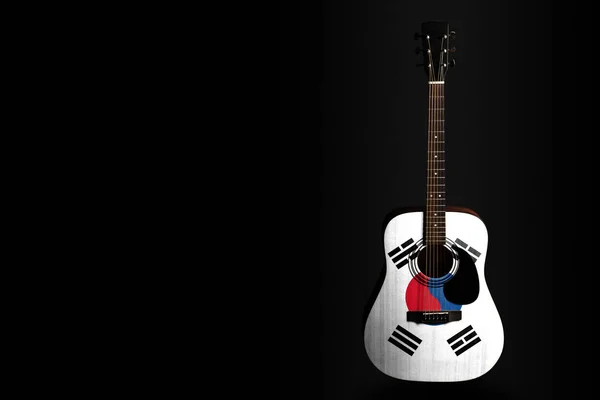 Acoustic concert guitar with a drawn flag South Korea, on a dark background, as a symbol of national creativity or folk song. — Stock Photo, Image