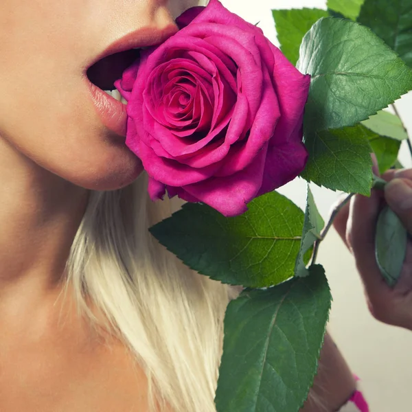 Γυναίκα Σεξουαλικά Κρατώντας Ένα Ροζ Τριαντάφυλλο Κοντά Στο Ανοιχτό Στόμα — Φωτογραφία Αρχείου