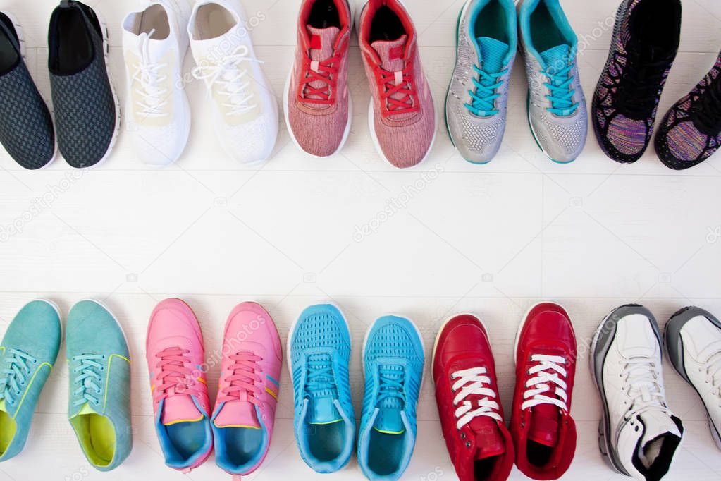A lot of multi-colored women's sneakers. Selection