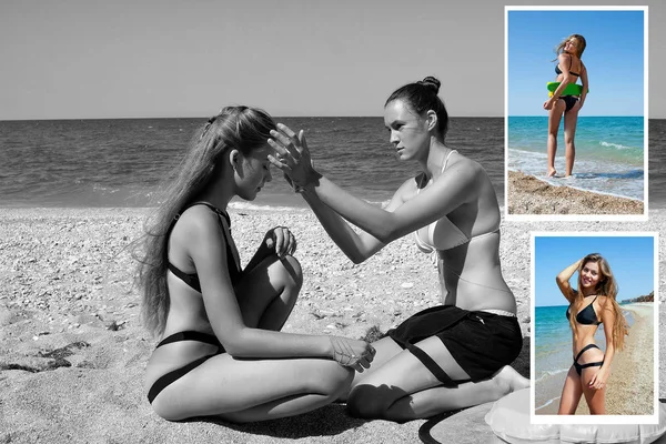 Make Artist Poprawia Makijaż Model Sesji Zdjęciowej Beach Prawo Wyniku — Zdjęcie stockowe
