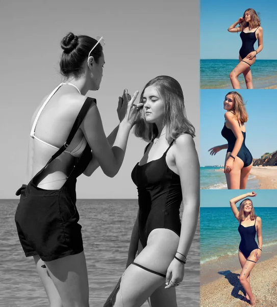 Visagist korrigiert Make-up-Modell bei einem Strand-Fotoshooting. Fotos während des Fotoshootings und danach. — Stockfoto