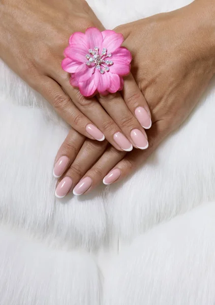 Stylish Trendy Female Pink French Manicure White Fur Background Pink — Stock Photo, Image