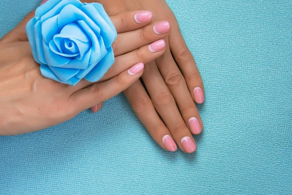 Ομορφιά Ευαίσθητα Χέρια Μανικιούρ Κρατώντας Λουλούδι Κοντινό Απομονώνονται Μπλε — Φωτογραφία Αρχείου