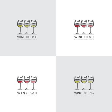 Vektör simge stil illüstrasyon logosu şaraphane veya Wine Bar veya Restaurnat, menü listesi görüntü, kırmızı, gül ve beyaz iç Winegrall içinde. Minimalist anahat kavramı