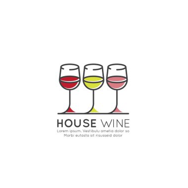 Vektör simge stil illüstrasyon logosu şaraphane veya Wine Bar veya Restaurnat, menü listesi görüntü, kırmızı, gül ve beyaz iç Winegrall içinde. Minimalist anahat kavramı
