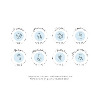 Isolated Vector Style Watercolor Illustration Logo Set Badge Ingredient Warning Label Icons. GMO, SLS, Paraben, Cruelty, Sulfate, Sodium, Phosphate, Silicone, Preservative Free Organic Product Stickers clipart