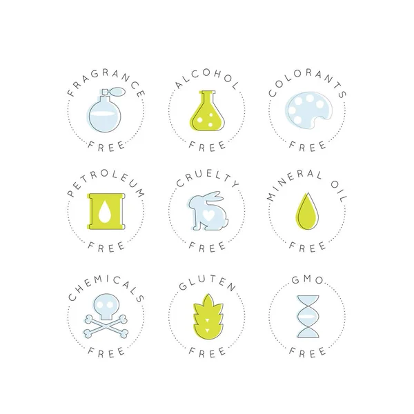 Etiket simgeler uyarı vektör stil illüstrasyon logosu Set rozet madde izole. GDO, koku, zulüm, alkol, renklendirici, petrol, Mineral yağlar, kimyasallar, Gluten ücretsiz organik ürün etiketleri