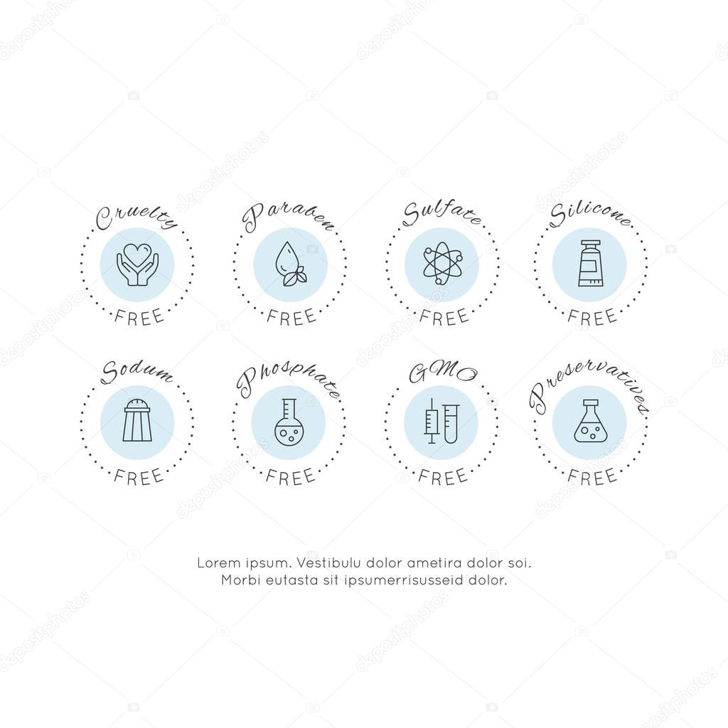 Isolated Vector Style Watercolor Illustration Logo Set Badge Ingredient Warning Label Icons. GMO, SLS, Paraben, Cruelty, Sulfate, Sodium, Phosphate, Silicone, Preservative Free Organic Product Stickers