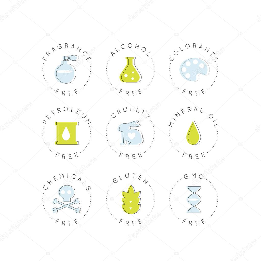 Isolated Vector Style Illustration Logo Set Badge Ingredient Warning Label Icons. GMO, Fragrance, Cruelty, Alcohol, Colorants, Petroleum, Mineral Oils, Chemicals, Gluten Free Organic Product Stickers