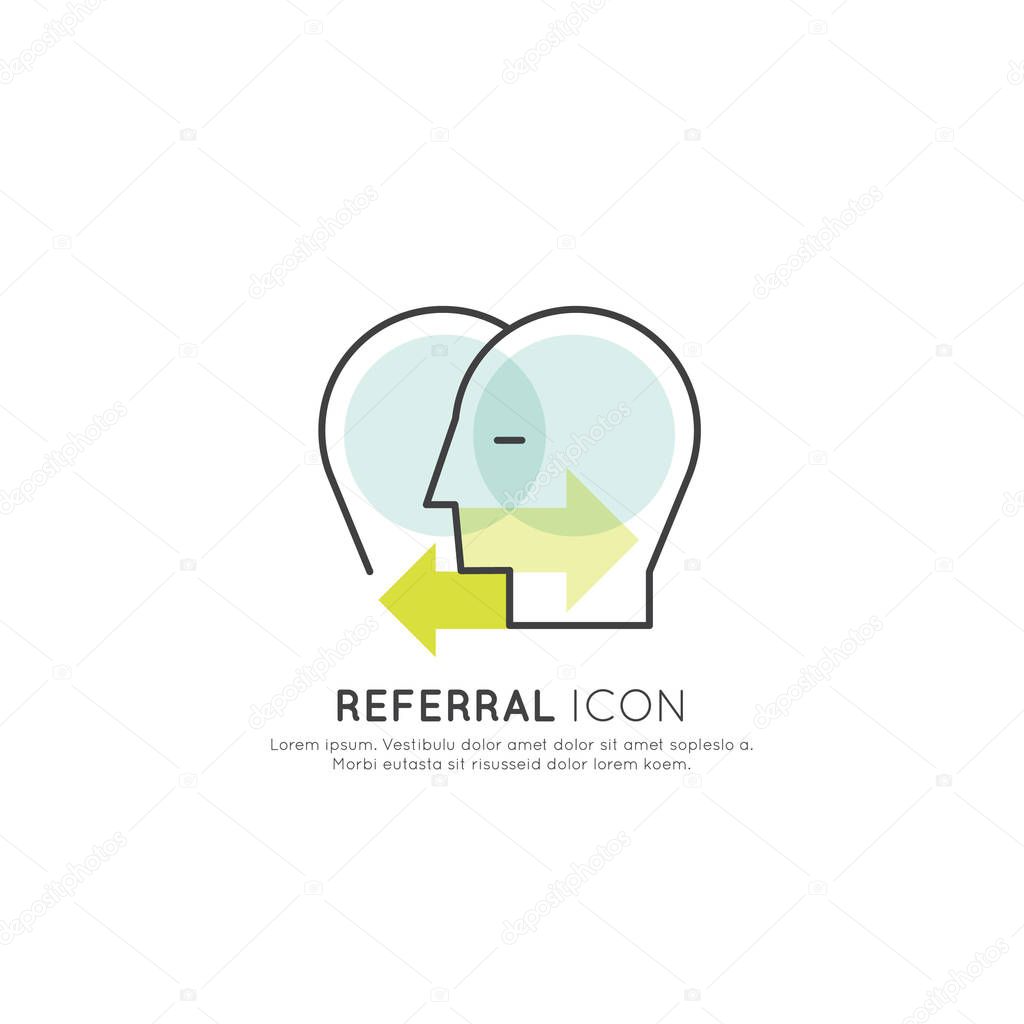 Vector Icon Style Illustration Concept of Business Relations Referral Concept, Two Human Heads Connected with Arrows, Sharing and Forwarding Concept, Isolated Symbols for Web and Mobile